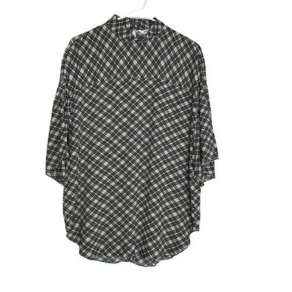 Zara Flowy Plaid Print Top with High Collar Size Small